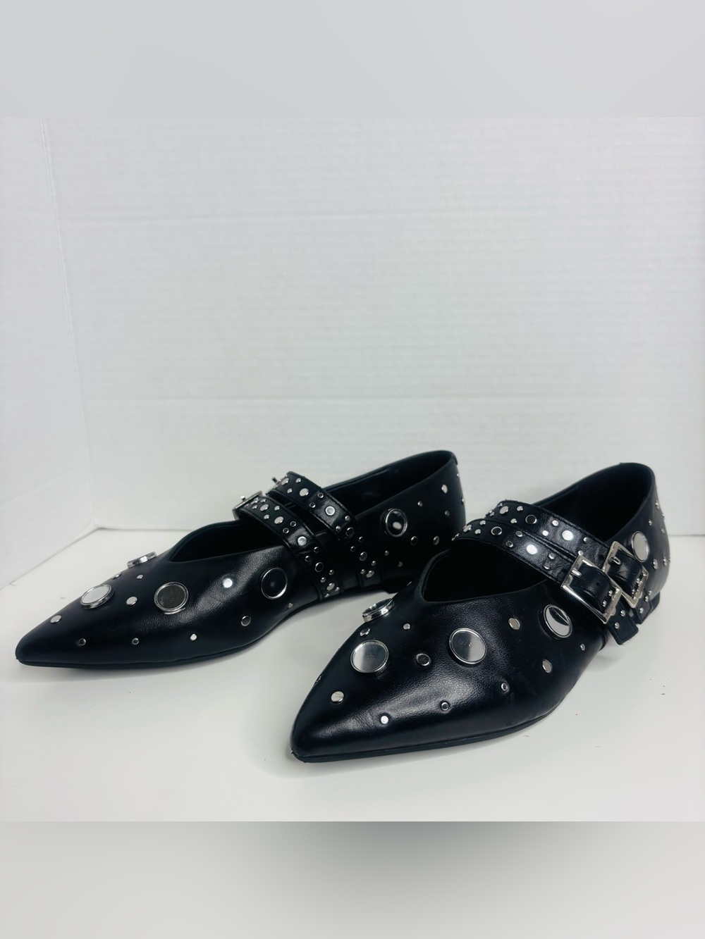 Free People Black Pointed Toe Double-Buckle Stud Flats - Picture 2 of 10